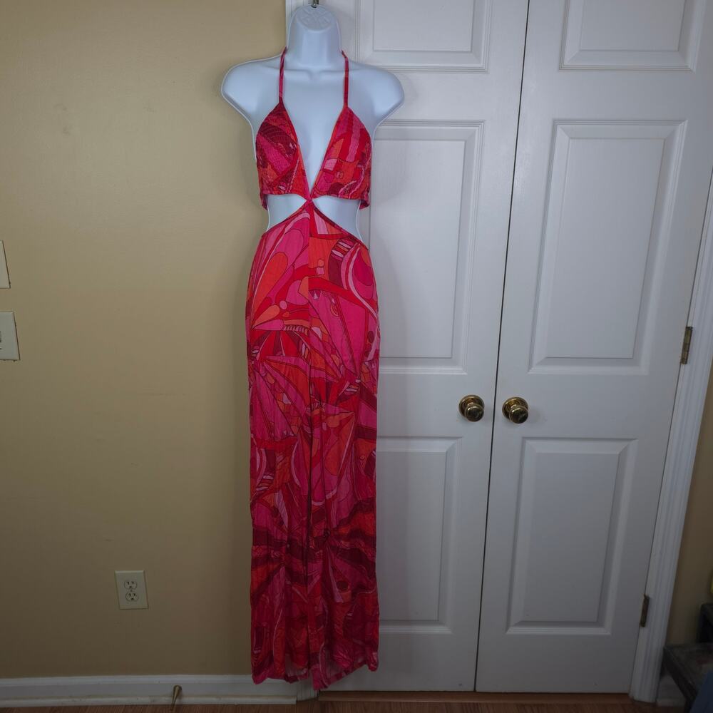 Olivaceous Pink & Orange Psychedelic Cutout Halter Wide Leg Jumpsuit Size L